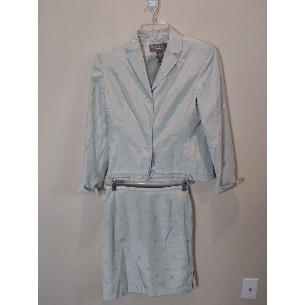 Norton Mcnaughton Mint/perriwinkle Jacquard lined Jacket Skirt Suit Floral